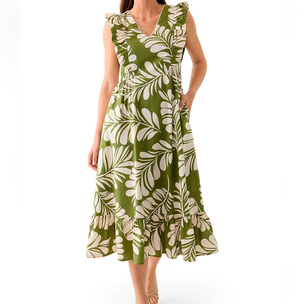 NEW Anne Klein Green Leaf Print Viscose LINEN Blend Dress Size 16